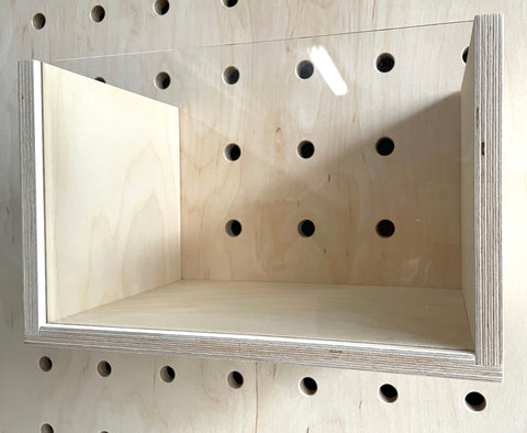 Extra large plywood box for kreisdesign pegboards for additional storage. comes with an clear acrylic front