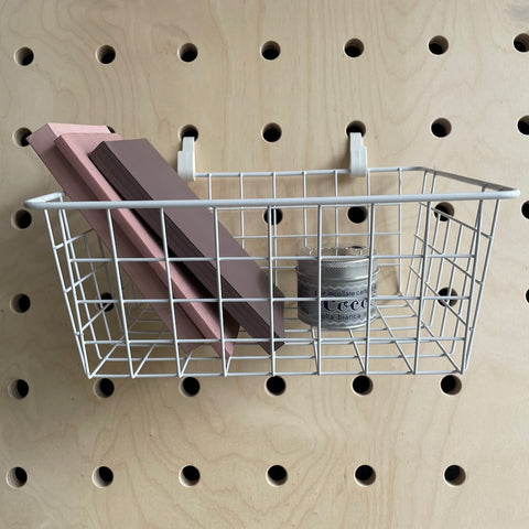 wire basket to hang off pegboard for added storage for kreisdesign pegboard