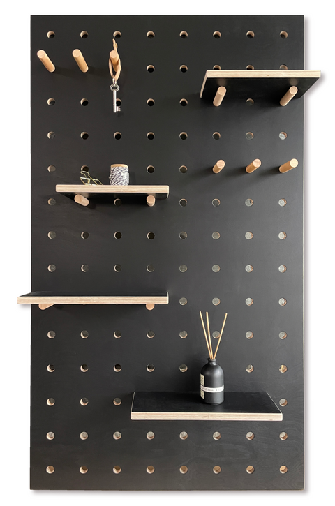 black wooden pegboard birch plywood with shelves and pegs made by Kreisdesign