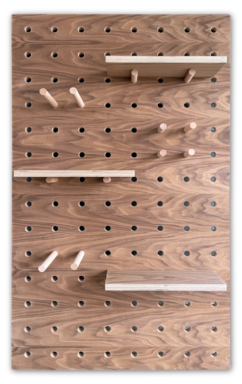 Walnut veneer on birch plywood pegboard with 3 x shelves and pegs made by kreisdesign