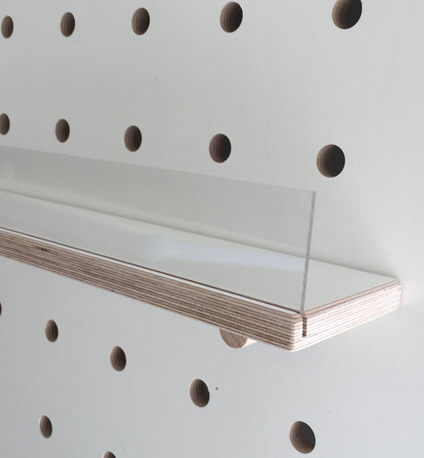 white wooden shelf for pegboard with clear front