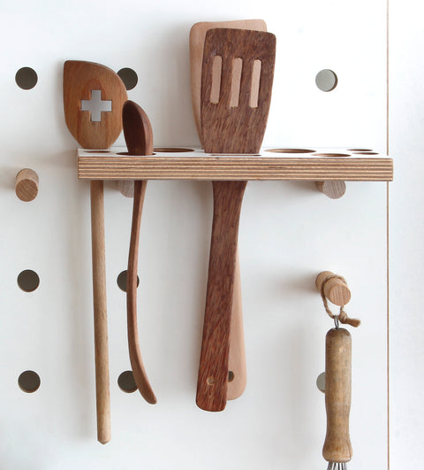 white wood kitchen utensil holder shelf for pegboard