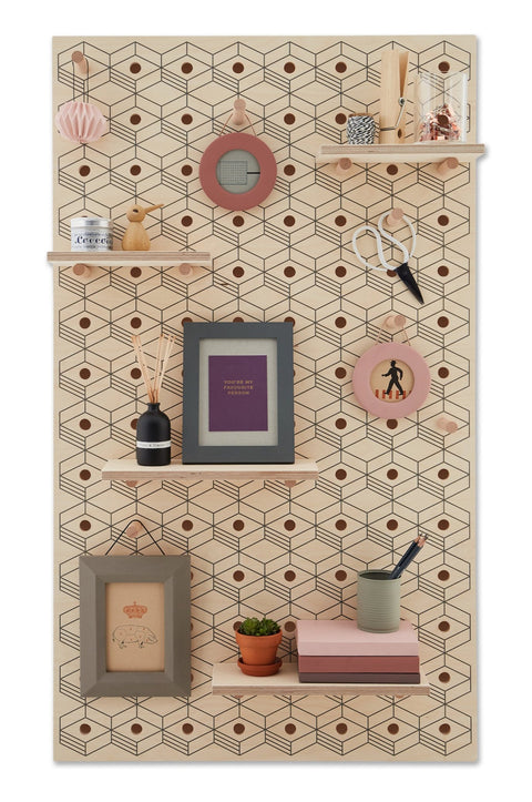 Large high quality pegboard in natural birch with graphic 3D pattern print. Shelves and peg hooks. picture frames & books 