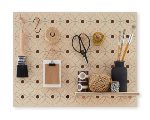 small wooden pegboard with floral print - shelves and pegs included