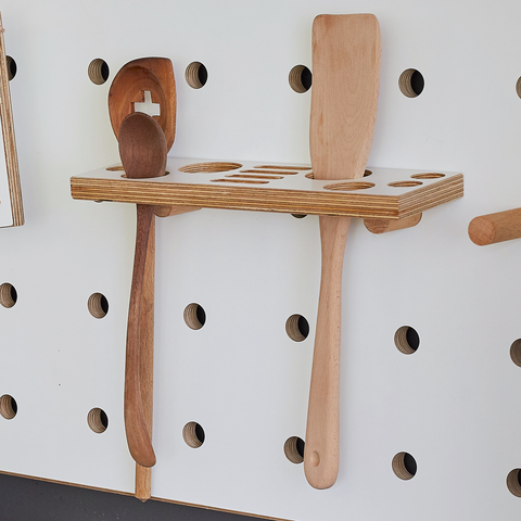 white wood kitchen utensil holder shelf for pegboard