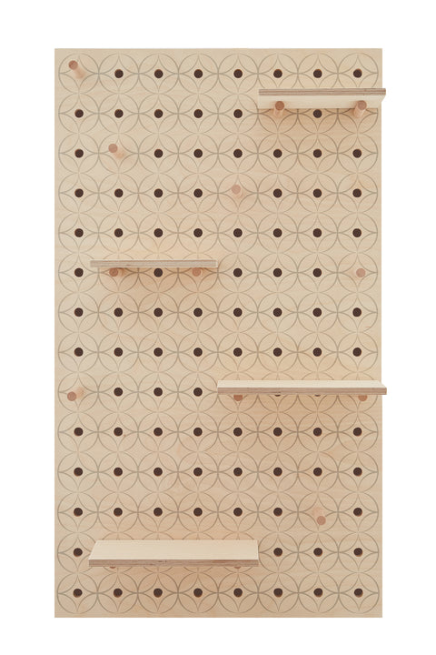 large wooden pegboard printed floral pattern with peg hooks and shelves