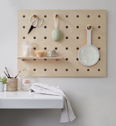 solid wood birch plywood pegboard with shelves and peg hooks