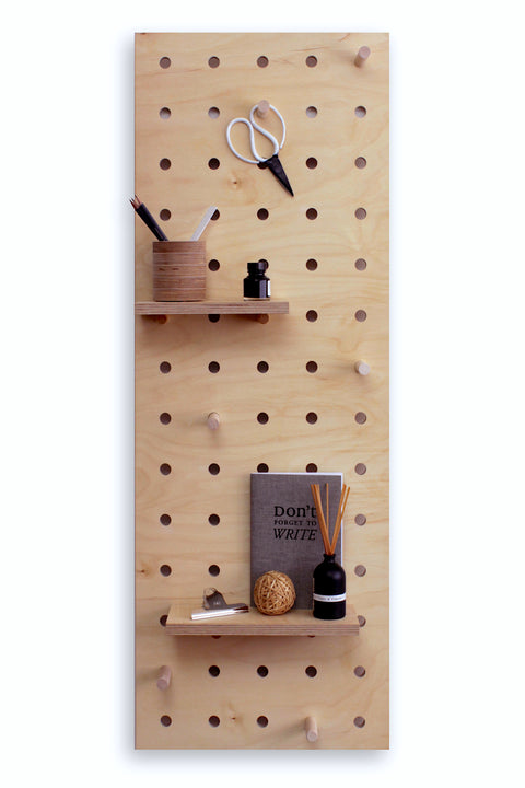 medium size wood pegboard with shelves and peg hooks