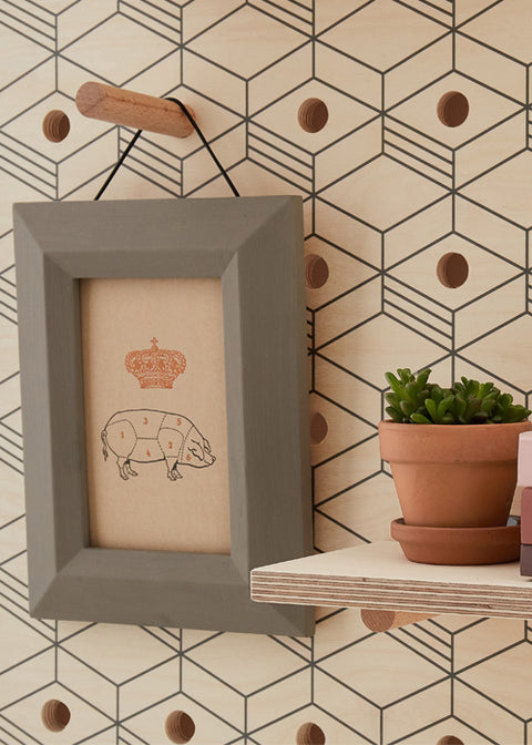 wooden pegboard shelf with plant pot and peg hook with hanging picture frame