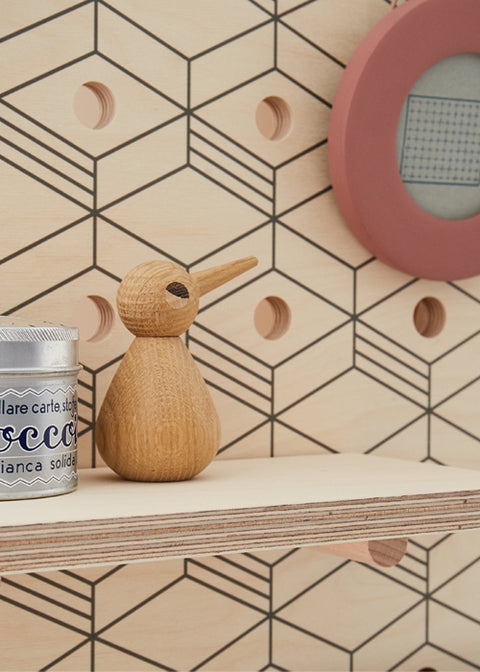 wooden shelf with bird toy 