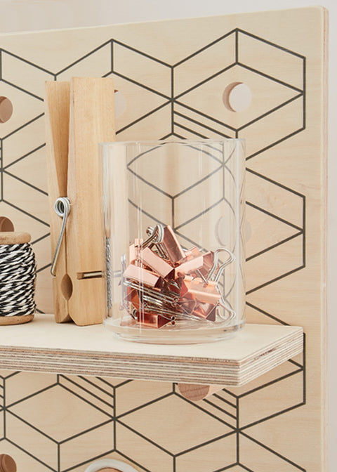 solid wooden pegboard shelf on pegboard pegs with storage container