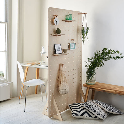freestanding wooden screen with slot-on feet