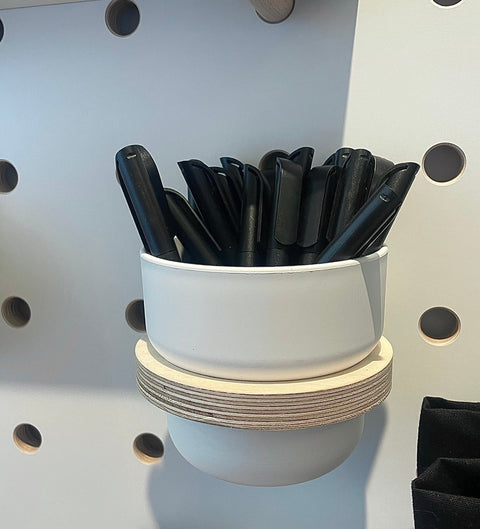 pen display in pot and hoop for kreisdesign pegboard for retail shop