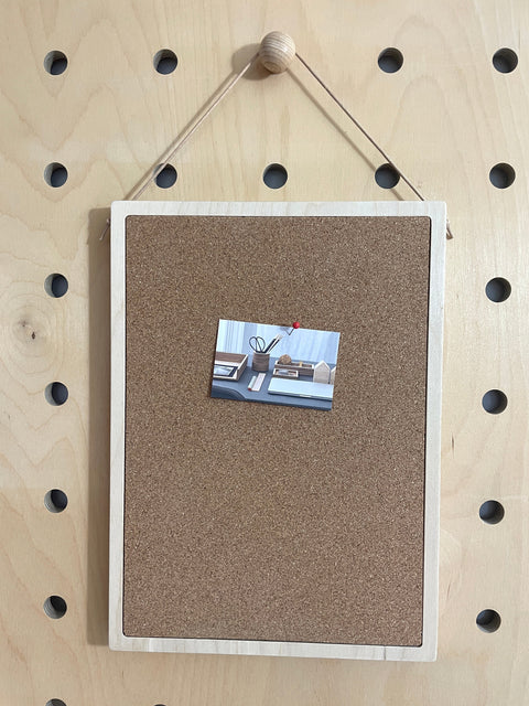 plywood and cork notice board A4 size for pegboards with leather string to hang from peg