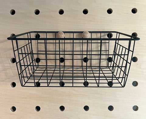 black wire basket for pegboard for additional storage