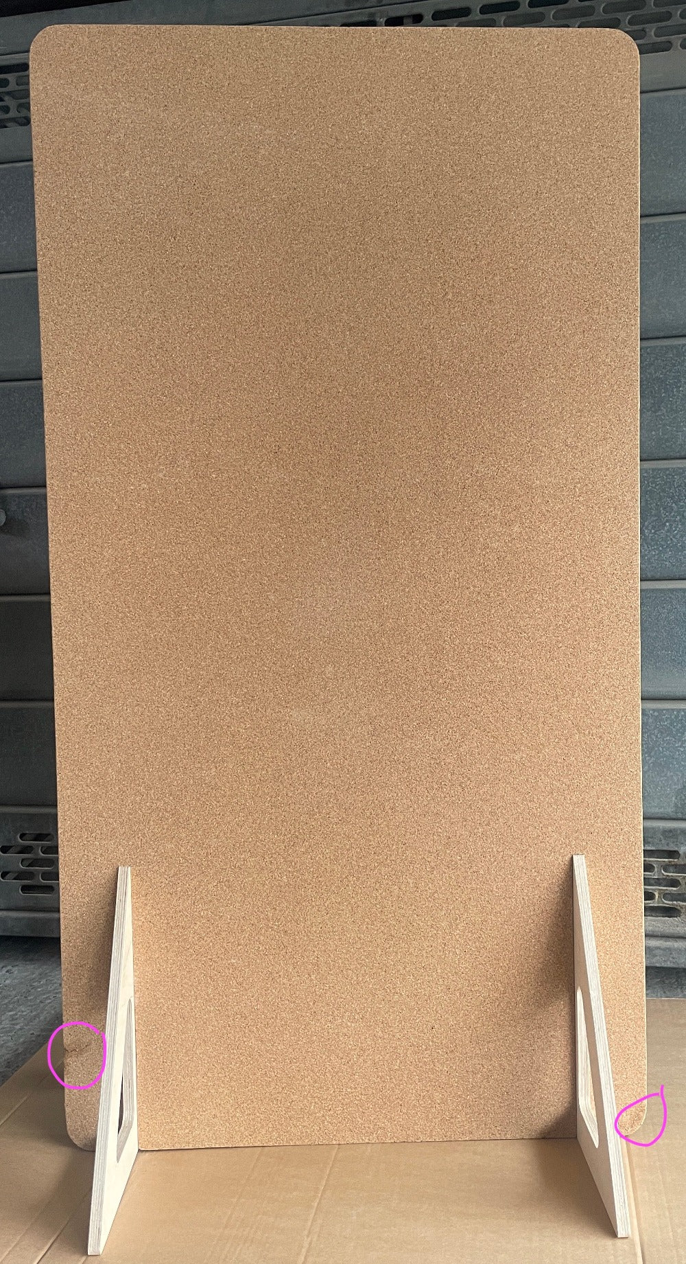 Cork clad freestanding plywood screen - damaged