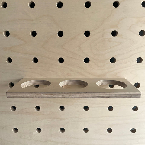 Plywood shelf with 3 x holes for pots for added storage to your kreisdesign pegboard