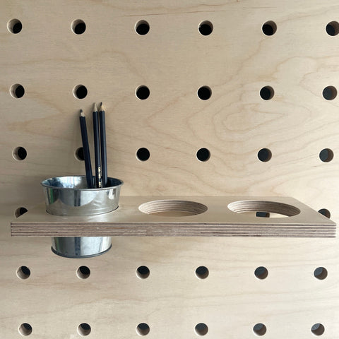 plywood shelf with 3 x holes for glasses containers for storage for pegboards by kreisdesign