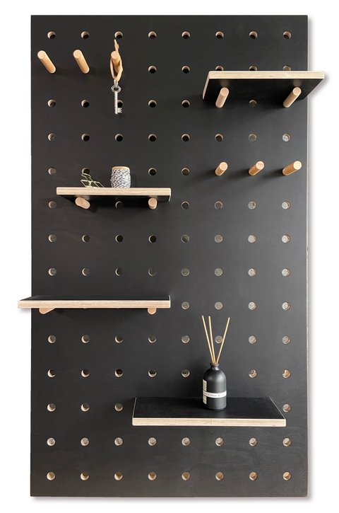 black wooden pegboard birch plywood with shelves and pegs made by Kreisdesign 