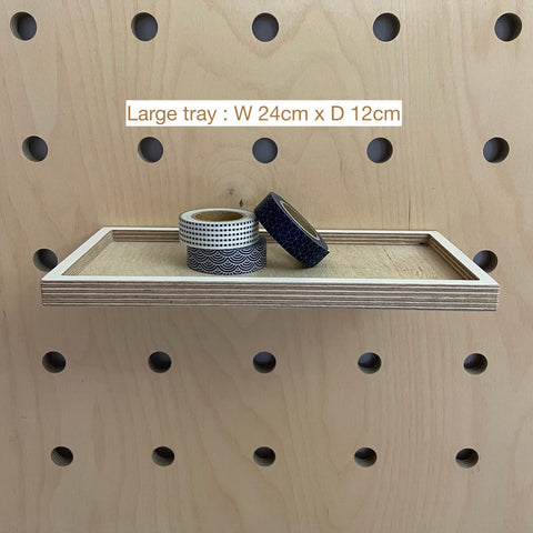 Shelf tray for wooden pegboard slots into pegboard with 2 x pegs