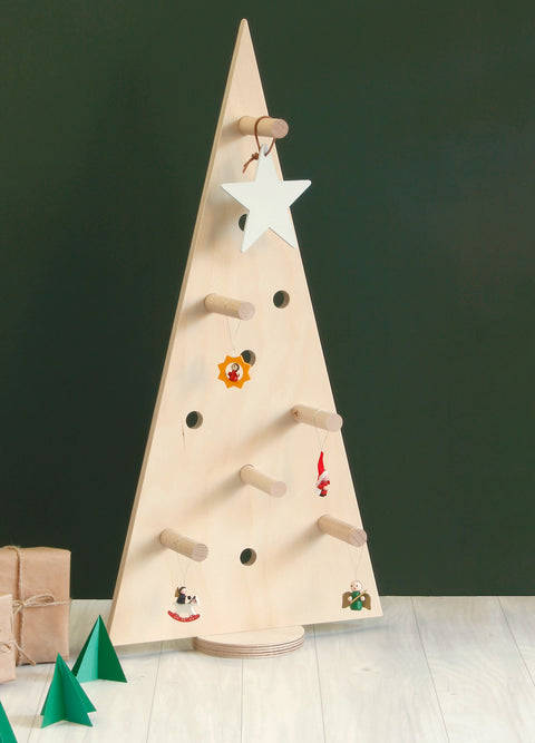 Wooden Christmas tree with holes to use as a pegboard with wooden peg hooks