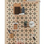 large solid wood pegboard with printed cross pattern. wooden shelves & pegboard hooks to display pictures, storage containers