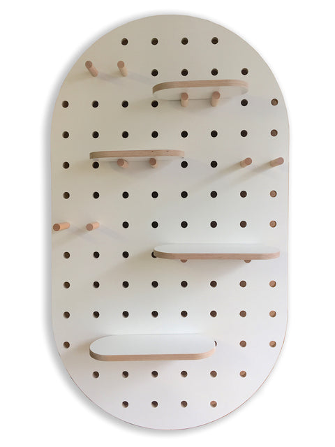 white oval wooden pegboard