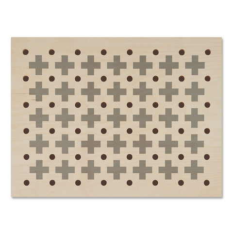 small wooden pegboard with cross pattern print