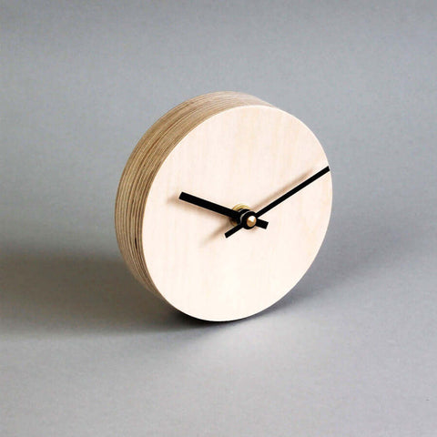 wood round desk clock in birch plywood