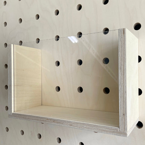 large wooden box for pegboard with clear front