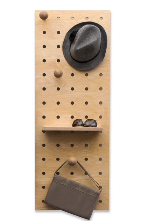 wooden pegboard for hallway with shelves and pegs